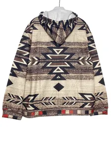 Back view of women's stylish long sleeve hoodie featuring vintage Aztec geometric print pattern