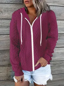 Women's casual cable-knit zip-up hoodie jacket in maroon featuring a white zipper detail