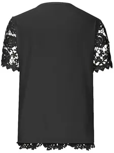 Back view of black short sleeve top featuring elegant lace sleeves and hem