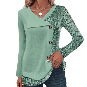 Women's elegant V-neck long sleeve top featuring ribbed texture and leopard print design