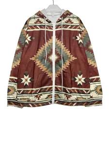 Close-up detail of the ethnic geometric pattern on a vintage zip-up hooded sweatshirt