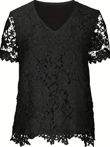 Elegant black floral lace V-neck short sleeve top for women showing intricate patterns
