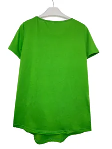 Detailed back view of a vibrant green women's short-sleeved T-shirt with a curved hemline