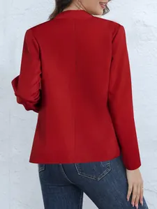 Back view of a women's red solid color stand collar long sleeve blazer jacket suit