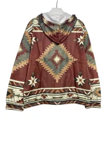 Detailed back view of women's casual long sleeve hoodie with ethnic Aztec print