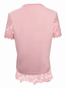 Detail view of pink short sleeve t-shirt featuring floral lace sleeves and back hem