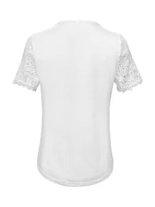 Back view of a white women's square neck top featuring elegant floral lace short sleeves