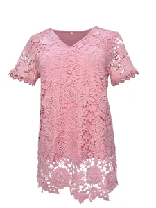 Elegant pink lace V-neck short sleeve top for women with intricate floral pattern detail
