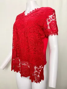 Detailed side view of a vibrant red floral lace short sleeve top for women's fashion