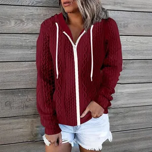 Women's casual wine red cable-knit zip-up hoodie with white drawstrings for autumn winter