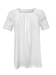 Detailed view of white square neck blouse featuring elegant floral lace short sleeves