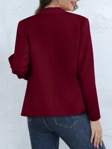 Back view of a burgundy women's stand collar blazer with elegant slim-fit tailoring