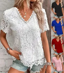 Elegant women's V-neck lace crochet short sleeve top shown in multiple color options