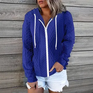 Women's casual zip-up hoodie with textured jacquard pattern for autumn and winter