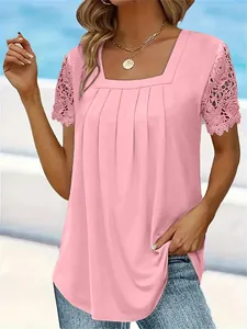 Detailed view of a fashionable women's pink square neck top with delicate lace short sleeves.