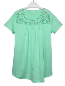 Mint green short sleeve T-shirt with delicate lace neckline and pleated detail