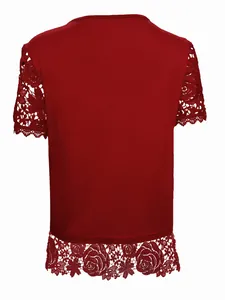Back view detail of red women's top with delicate lace sleeves and hem