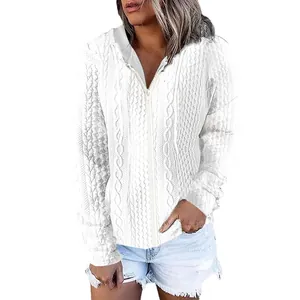Elegant women's white cable knit zip-up hooded jacket with casual drawstring design