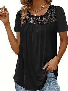 Detail of women's short sleeve T-shirt with elegant lace neckline and pleats