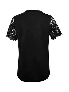 Detailed back view of a minimalist black solid color top with floral lace sleeves
