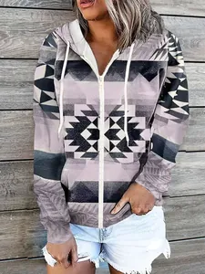 Detail view of women's ethnic geometric print zip-up hoodie featuring white drawstrings