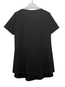 Back view of classic black short-sleeved women's T-shirt with elegant layered hem details