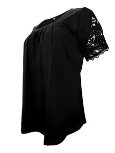 Detailed side view of a black square neck top featuring elegant lace sleeves and pleats