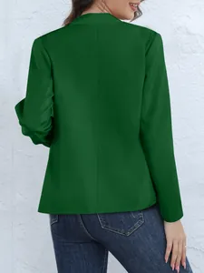 Detailed back view of a stylish dark green women's long-sleeve stand collar blazer jacket