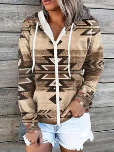 Detailed view of women's vintage Aztec print zip-up hoodie with drawstring hood