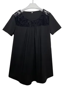 Close-up of black short sleeve T-shirt featuring elegant lace neckline and pleats