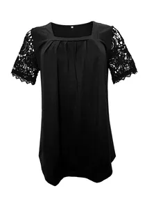 Close-up of black square neck top featuring delicate lace sleeves and pleated detail