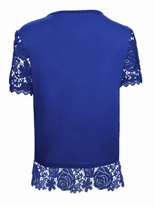 Back view detail of royal blue women's short sleeve T-shirt with floral lace trim