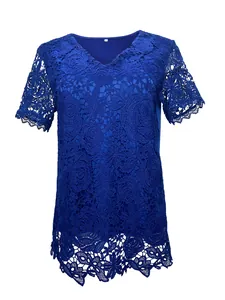 Detail showing intricate floral lace pattern on royal blue V-neck short sleeve top