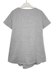 Detailed back view of a minimalist heather grey short sleeve casual T-shirt for women