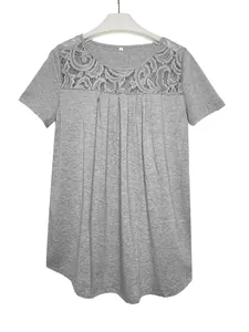 Close-up detail of delicate floral lace neckline on a gray short sleeve t-shirt top
