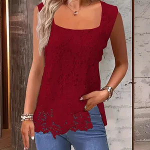 Elegant wine red sleeveless lace tank top with square neckline and floral embroidery for women