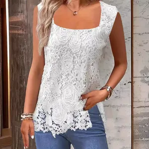Elegant white floral lace sleeveless tank top with square neckline for summer fashion