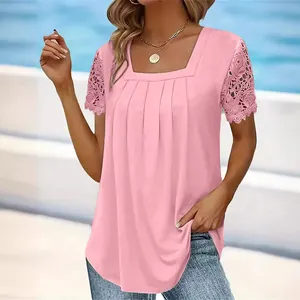 Elegant pink square neck top with delicate lace short sleeves and pleated front