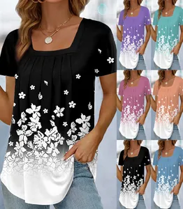 Modisches T-Shirt mit quadratischem Ausschnitt und Ombré-Blumendruck in vielen Farben