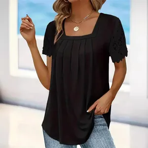 Elegant black square neck blouse with lace short sleeves and pleated front detail