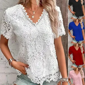 Women V-Neck Lace T-Shirt Short Sleeve Hollow Out Floral Polyester Top Casual Summer Elegant Tee Blouse Fashion Crochet Shirt
