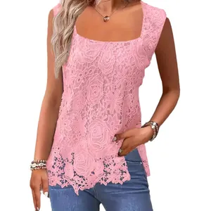 Elegant pink lace sleeveless top with square neck and intricate floral pattern for women