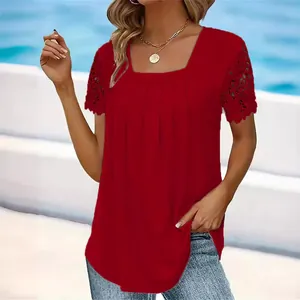 Fashionable red solid color square neck top with elegant lace short sleeves