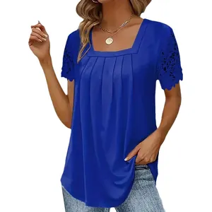 Women's royal blue square neck top with elegant lace hollow-out short sleeves