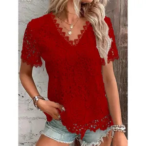 Elegant women's red floral lace V-neck short sleeve top with delicate scalloped trim
