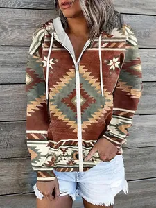 Detailed macro view of women's bohemian geometric print zip-up hoodie with drawstring hood