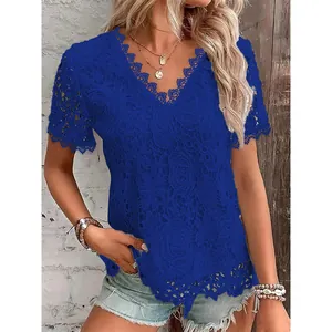 Elegant royal blue lace short sleeve V-neck top for women with hollow floral pattern