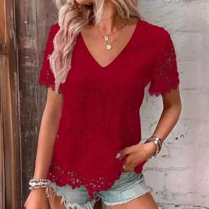 Elegant red V-neck lace short sleeve blouse for women with scallop hem detail.