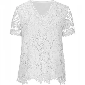 Elegant white floral lace V-neck short sleeve top for women fashion summer clothing
