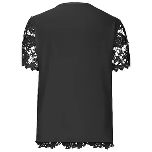 Women's black short-sleeved T-shirt with elegant floral lace sleeves and hem detail